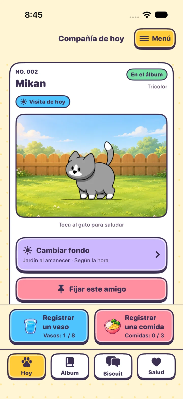 Página Hoy de KittyYard con un gato, registros de agua y comidas y cuatro secciones