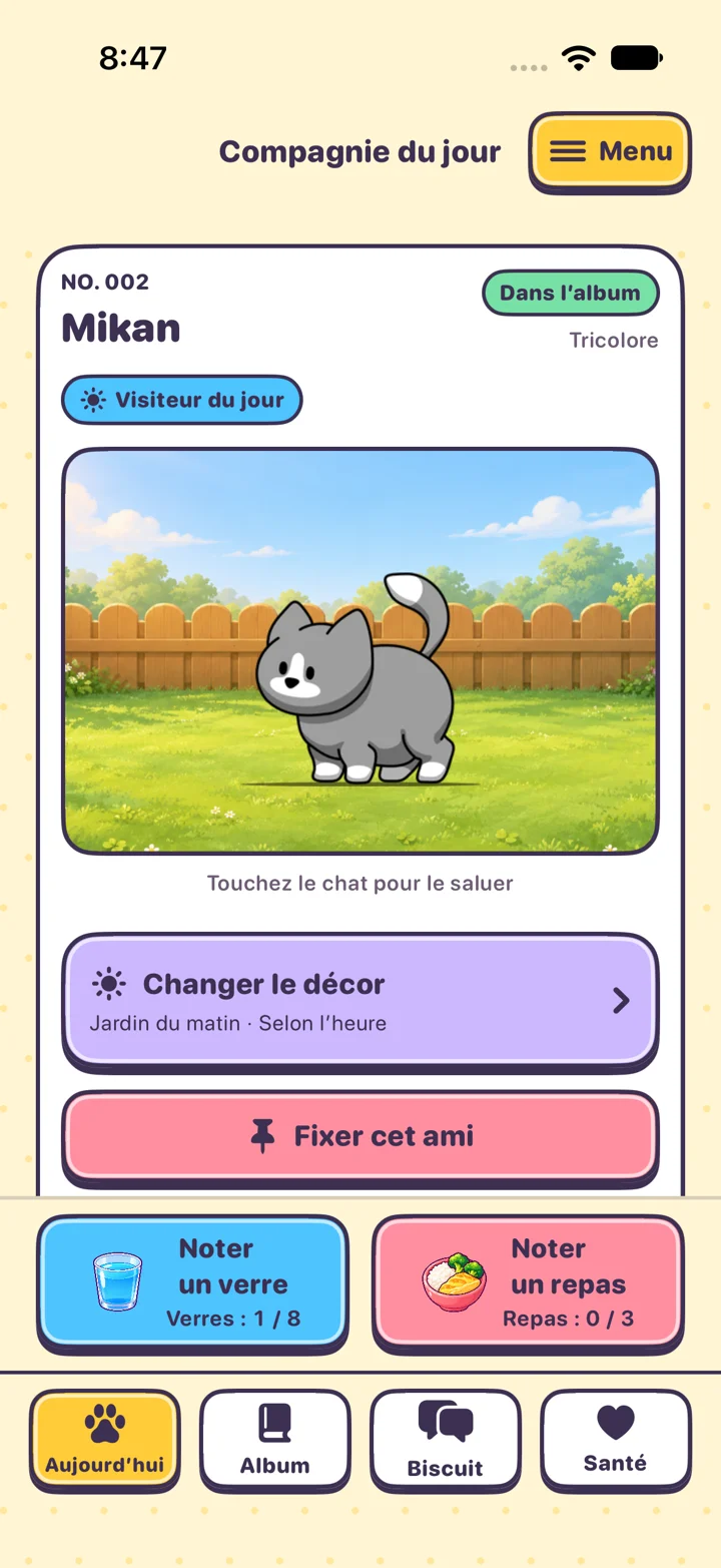 Page Aujourd’hui de KittyYard : chat, notes d’eau et de repas et navigation en quatre pages