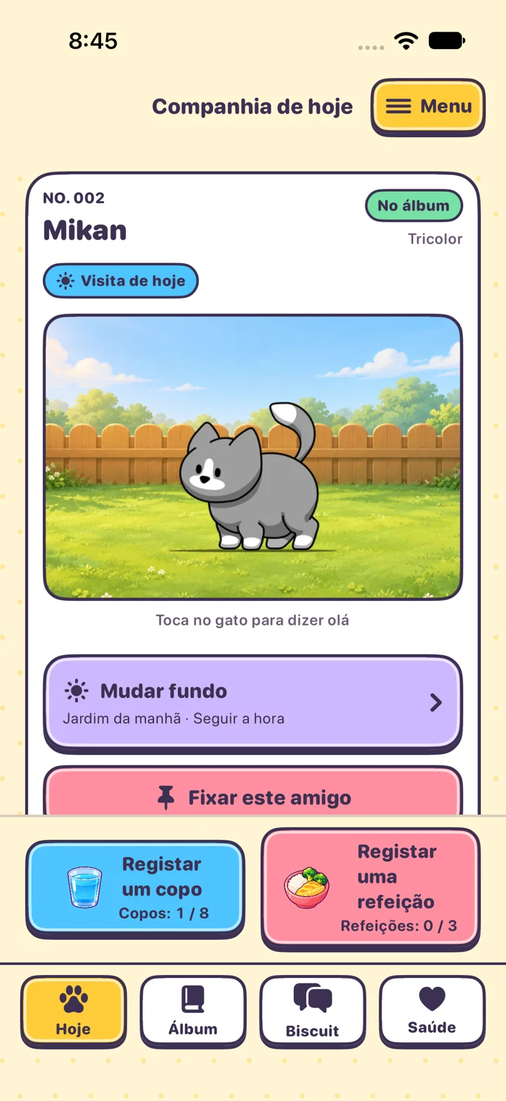 Página Hoje de KittyYard com gato, registos de água e refeições e quatro secções